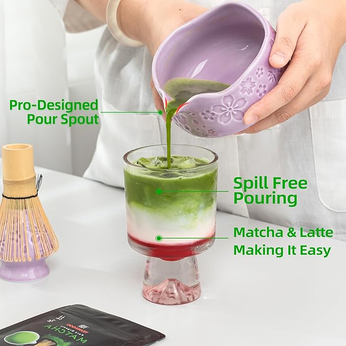 TEANAGOO 7-PCS Purple Matcha Whisk Set with Cherry Blossom Design, Complete Ceremony Kit, Ceramic Chawan Bowl with Spout, Whisk & Accessories, Traditional Matcha Tea Set for Lattes& Gift Giving - Bloomnest