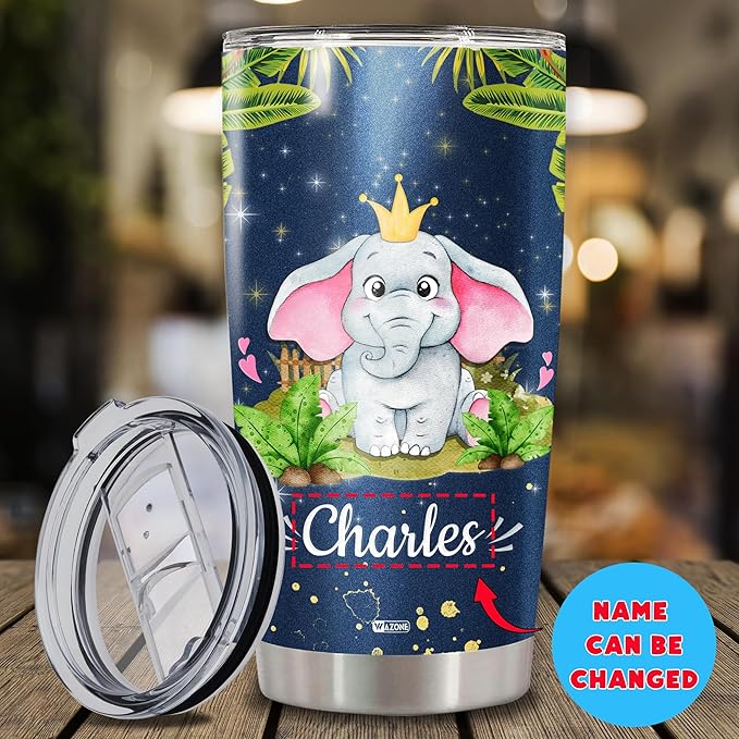 WAZONE Personalized Elephant Tumbler Customize Name Double Wall Vacuum Insulated Cup With Lid 20oz 30oz Funny Coffee Travel Mug Birthday Christmas Thing Gifts For Kids Girl Boy Animal Lovers - Bloomnest