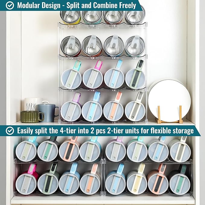 Design for Stanley 40 OZ & Large Bottles & Tumblers with Handle - Acrylic Water Bottle Organizer - Stackable Clear Wine Rack Cup Holder for Home Kitchen Pantry Shelf Countertop Cabinet, 4 Tier Hold 16 MakeLifeBetterEasier