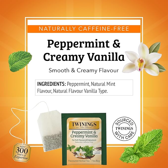 Twinings Peppermint & Creamy Vanilla Herbal Tea Individually Wrapped Bags, 20 Count (Pack of 6), Formerly Buttermint, Naturally Caffeine-Free, Enjoy Hot or Iced, 120 Teabags - Bloomnest