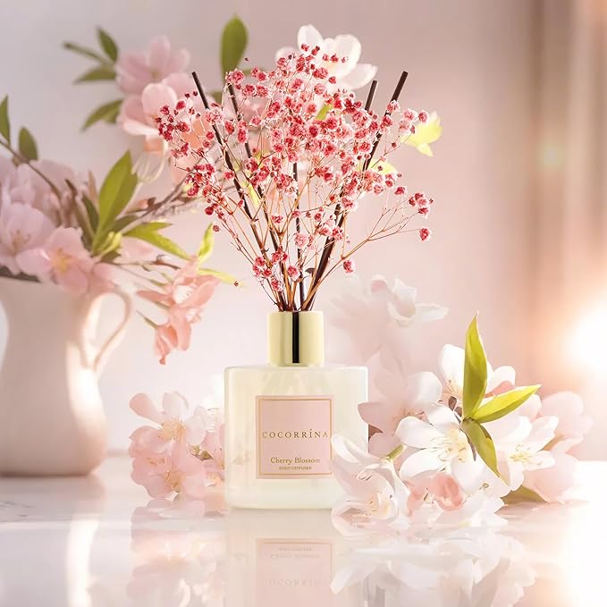 COCORRÍNA Reed Diffuser - Cherry Blossom 6.7 Fl.oz Reed Diffuser Set with Sticks & Preserved Baby's Breath, Reed Diffuser for Home Bathroom Shelf Decor - Bloomnest