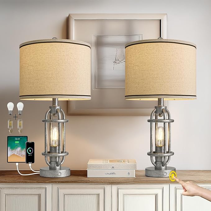 23.75'' Table Lamps Set of 2 for Living Room Bedroom Industrial Farmhouse Metal Touch Lamps with USB A+C Ports, Night Light Vintage Nightstand Bedside Lamp, Bulbs Included, Antique Silver - Bloomnest