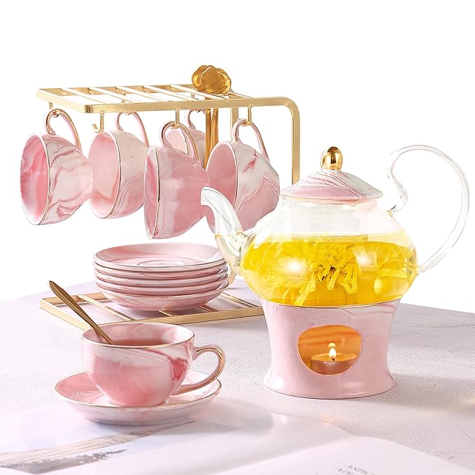 DUJUST 21 pcs Small Tea Set of 6, Pink Marble Set, Handcraft Golden Trim, Porcelain Tea Pot Set for Kids&Adults, 1 Glass Teapot(22oz), 6 Cups(4oz), 6 Saucers, 6 Spoons, 1 Shelf&1 Warmer - Bloomnest