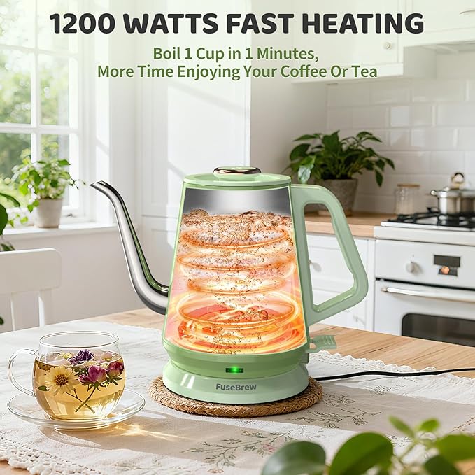 Gooseneck Electric Kettle(0.8L),1200 Watts Fast Boiling,Stainless Steel BPA Free,Automatic Shut Off,Pour Over Kettle for Small Kitchen,RV,Trip,Coffee & Tea- Green - Bloomnest