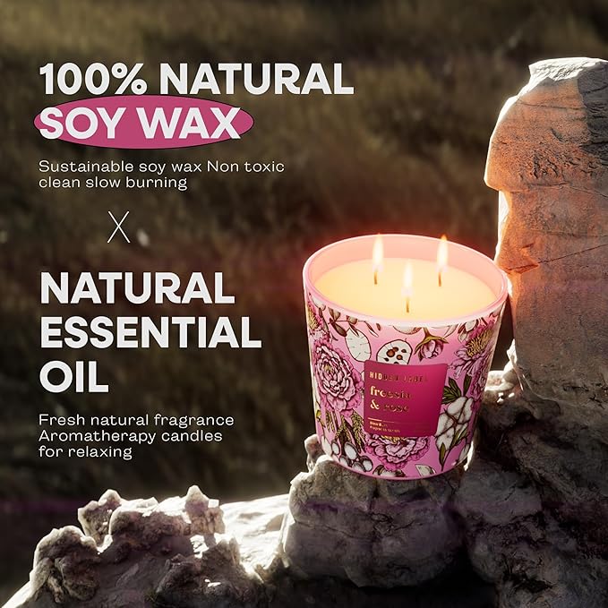 Giant Candle Freesia Rose Scented, 30oz Natural Non Toxic Soy Candles, 3 Wicks Aromatherapy Candles for Home Scented, Up to 100Hours Clean Burn,Long Lasting, Extra Large Jar Candles for Women - Bloomnest