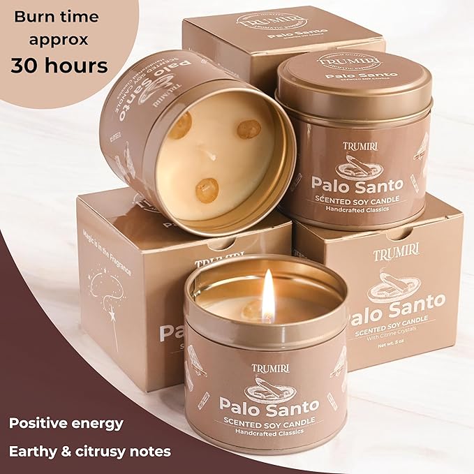 Palo Santo Candle for Home - Highly Scented with Citrine Crystals - Pack of 3 x 5oz Soy Wax Organic Non Toxic for Aromatherapy Relaxation Meditation - Room Decor for Men - Pet Safe Candel TRUMIRI