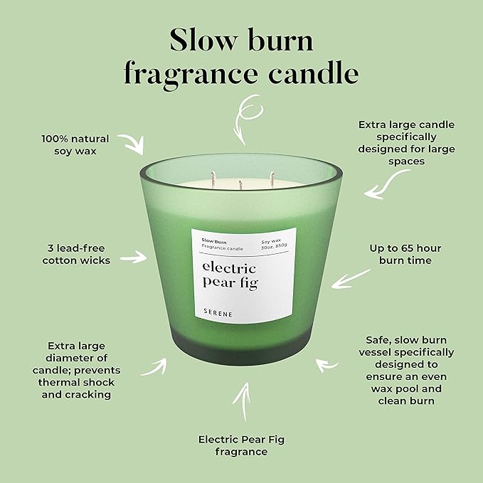 Hidden Label Large Scented Candle, Electric Pear Fig, 30oz 3 Wick Huge Candle, Serene Collection Slow Burn Natural Soy Candles for Home Scented - Bloomnest