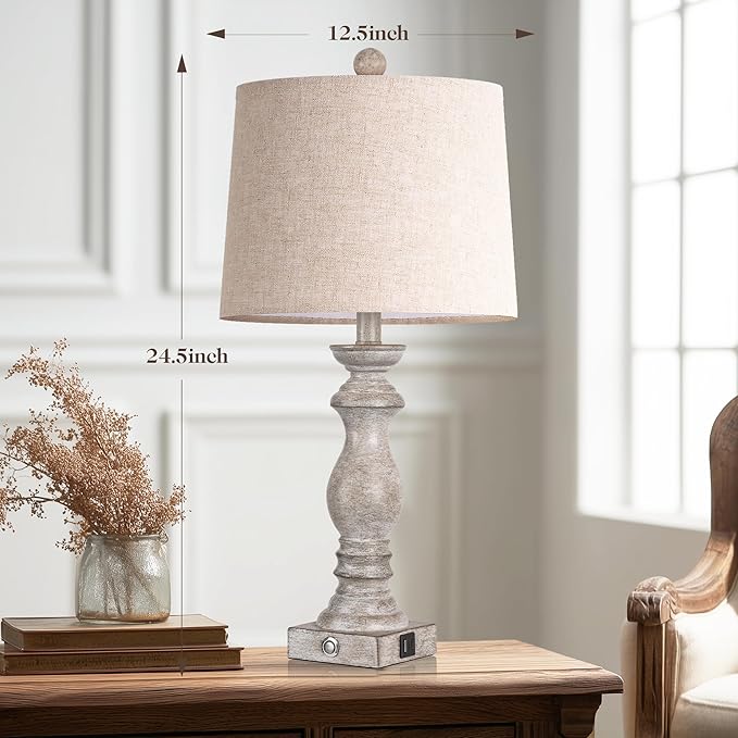 24.5" Table Lamp Set of 2, Rustic Farmhouse Bedside Lamps with USB A+C Charging Ports, 3-Way Dimmable Touch Control Nightstand Lamps for Living Room Bedroom, Antique Grey White, LED Bulbs Included - Bloomnest