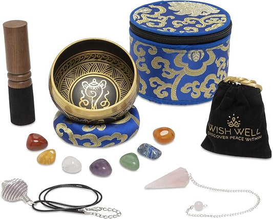 Wish Well Tibetan Singing Bowl Set ~ 4" Sound Bowl with 7 Chakra Crystal Stones, Rose Quartz Pendulum, Fabric Case, Cushion, & Mallet ~ Perfect For Meditation, Yoga, Spiritual Healing, & Mindfulness