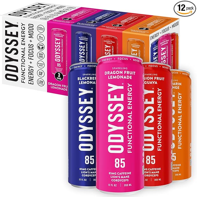 Odyssey Functional Energy Drink for Focus, Cognition & Mood Support 12 Pack - Adaptogenic Drink with 85mg Green Tea Caffeine, Lion’s Mane, Cordyceps, L-Theanine & Ginseng, Variety Pack - Bloomnest