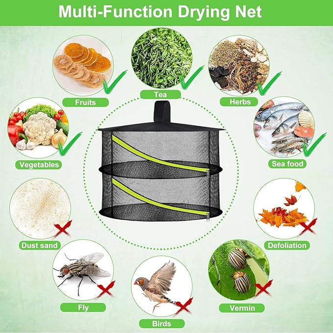 2 Layer Herb Drying Rack, Hanging Mesh Net, Foldable Plant Drying Rack with Diagonal Zipper, Garden Trimming Shears and Hooks, for Drying Herbs Plants, Fruits, Seafood, Clothing(2 Layers-23.62'') - Bloomnest