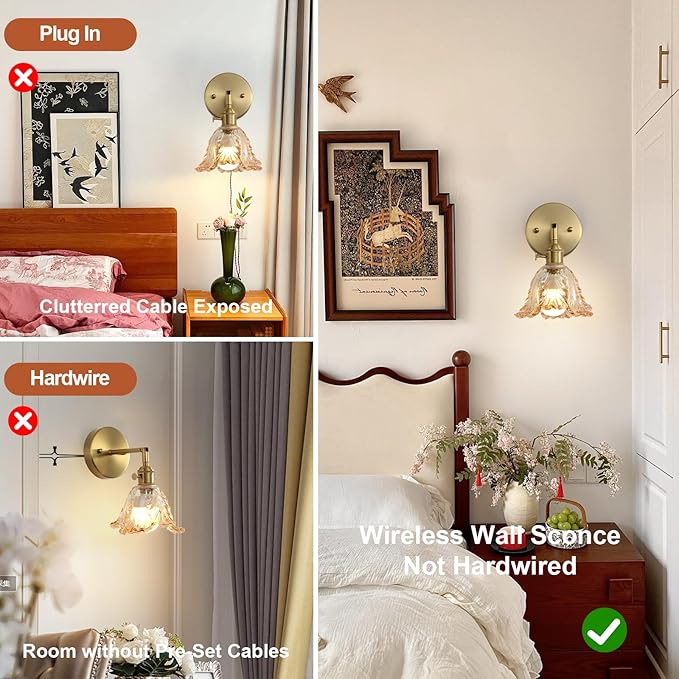 2 Pack Vintage Battery Operated Wall Sconces, Cabbage Amber Lampshade & 180 Degree Adjustable, Wireless Rechargeable RGB Wall Light with Remote Control, for Bedroom Living Room Hallway Aisle - Bloomnest
