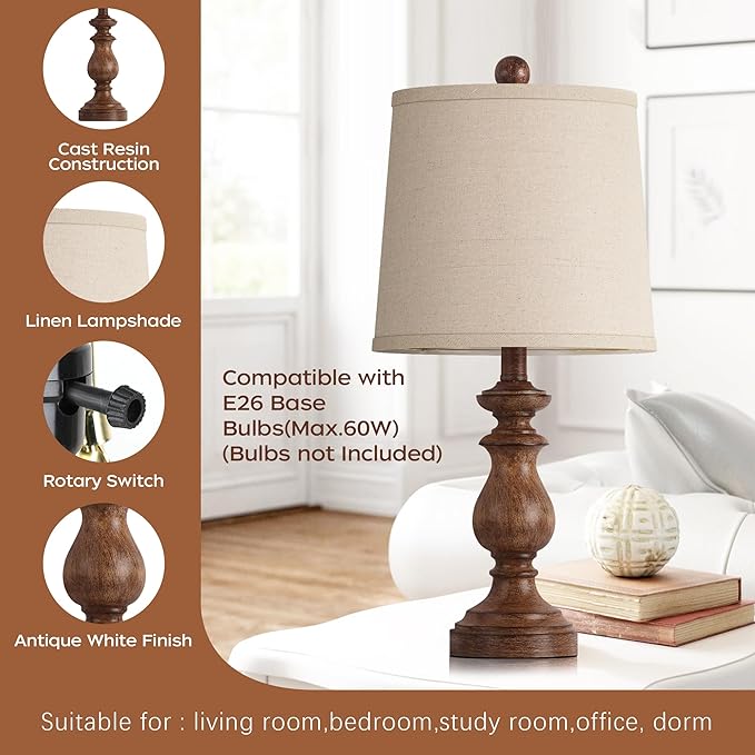 PARTPHONER Traditional Table Lamp Set of 2, Rustic Farmhouse Table Lamps for Living Room Bedroom, 22" Bedside Desk Lamps Vintage Nightstand Lamps with Linen Shades, Wood Grain - Bloomnest