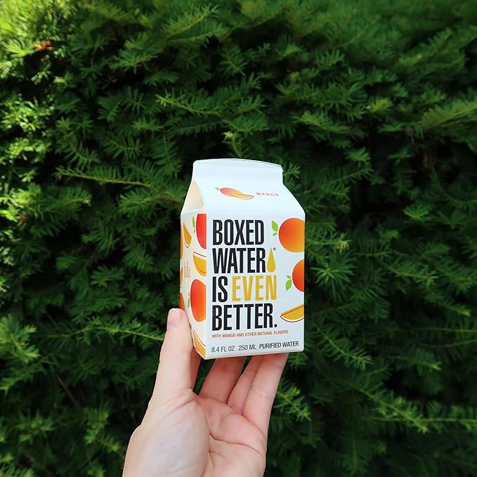 Mango Boxed Water 8.5 oz. (24 Pack) – Better Than Premium Plastic, BPA-Free, Refillable Cartons, Sustainable Alternative, Mini Carton for Kids, Lunchbox Ready - Bloomnest