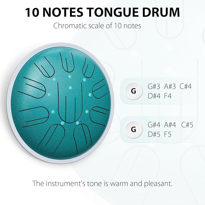 Steel Tongue Drum, 10 Inch 10 Notes Hanpan, G Major, Hand Pan Drums Mallets and Carry Bag, Malachite Green - Bloomnest