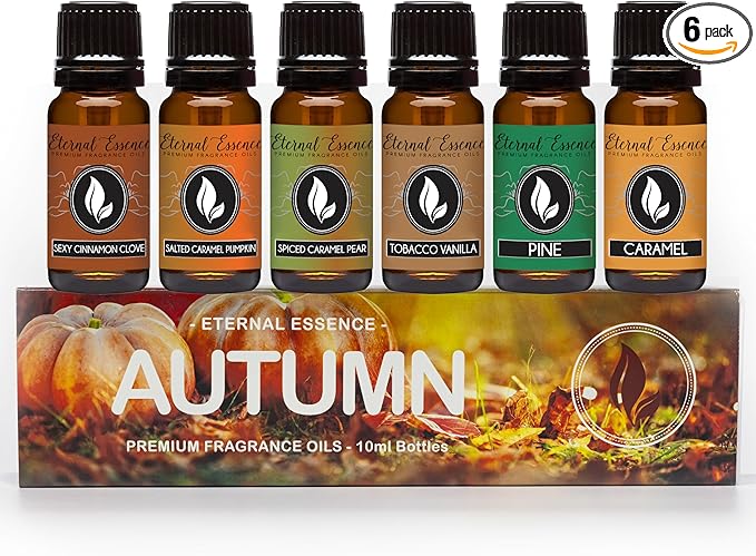Eternal Essence Oils Autumn Set of 6 Premium Fragrance Oils - Includes Sexy Cinnamon Clove, Salted Caramel Pumpkin, Spiced Caramel Pear, Tobacco Vanilla, Pine, and Caramel Scented Oils - 10ML - Bloomnest
