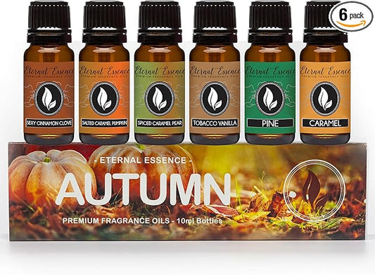 Eternal Essence Oils Autumn Set of 6 Premium Fragrance Oils - Includes Sexy Cinnamon Clove, Salted Caramel Pumpkin, Spiced Caramel Pear, Tobacco Vanilla, Pine, and Caramel Scented Oils - 10ML - Bloomnest