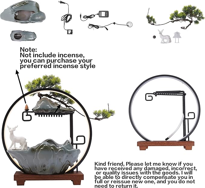 15In Water Fountains Indoor Tabletop Waterfall Humidifier with LED Light and Atomizer Mist, Japanese Zen Decor Meditation Fake Plants Bonsai Feng Shui Decor Festival Birthday surprise Good Luck Wealth - Bloomnest