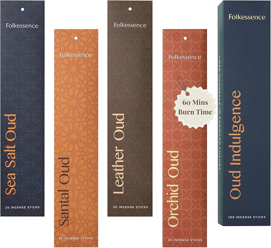 Folkulture Incense Sticks (100 Sticks) | Set of 4 (11') Premium Incense for Prayer, Aromatherapy | No Charcoal, Organic, Non Toxic, 60 Mins, Long Burning Orchid, Leather Oud, Sea Salt Insence-Sticks FOLKULTURE