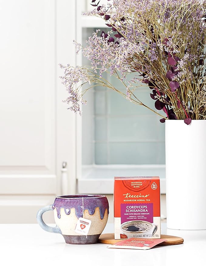 Teeccino Cordyceps Schisandra Tea - Cinnamon Berry - Caffeine Free Mushroom Adaptogenic Herbal Tea, 3x More Herbs Than Regular Tea Bags, Naturally Sweet, Gluten Free, Prebiotic - 25 Tea Bags - Bloomnest