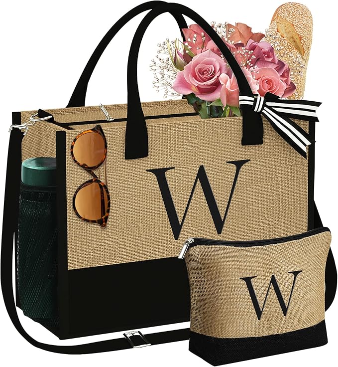 YOOLIFE Valentines Day Gifts for Her - Initial Jute Tote Bag & Makeup Bag, Birthday Gifts for Women Teacher Mom Wife Friend - Bloomnest