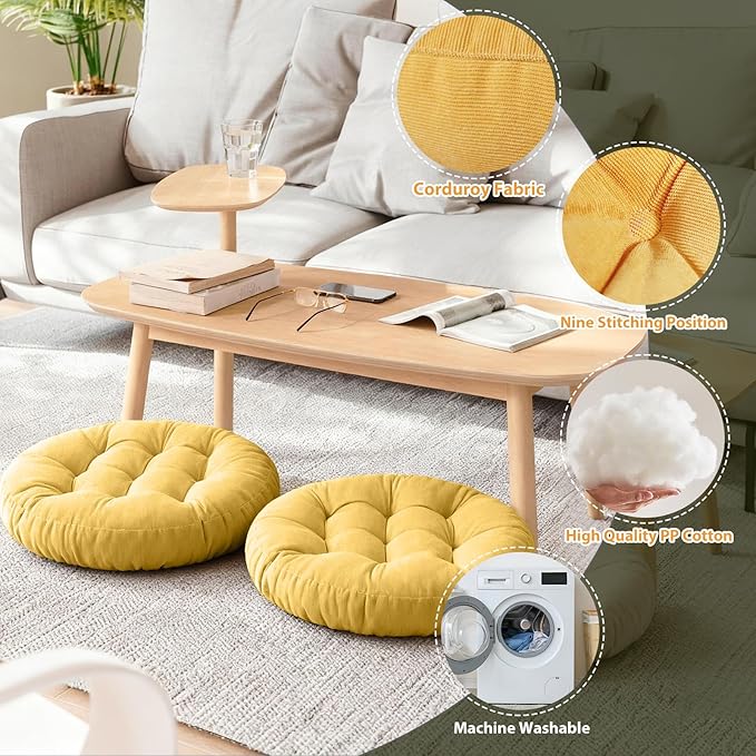 Tiita Floor Pillows Cushions Round Chair Cushion Outdoor Seat Pads for Sitting Meditation Yoga Living Room Sofa Balcony 22x22 Inch, Yellow