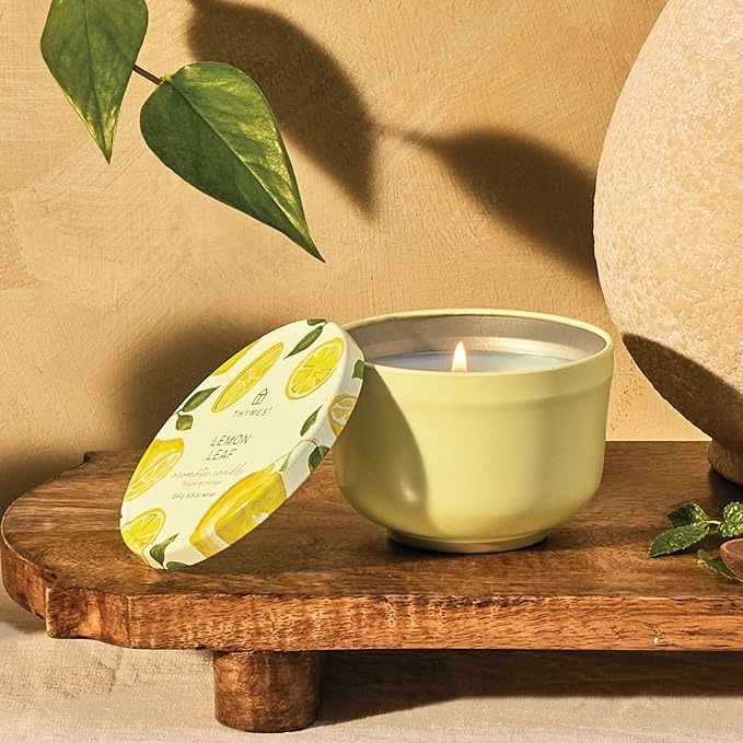 Thymes Scented Candles for Women & Men – Tin with Lid – Luxury Home Decor – Citrus Candles with Notes of Lemon Verbena, White Wood Accord, Lily of The Valley & Bergamot Oil (Lemon Leaf, 6.5 oz) - Bloomnest