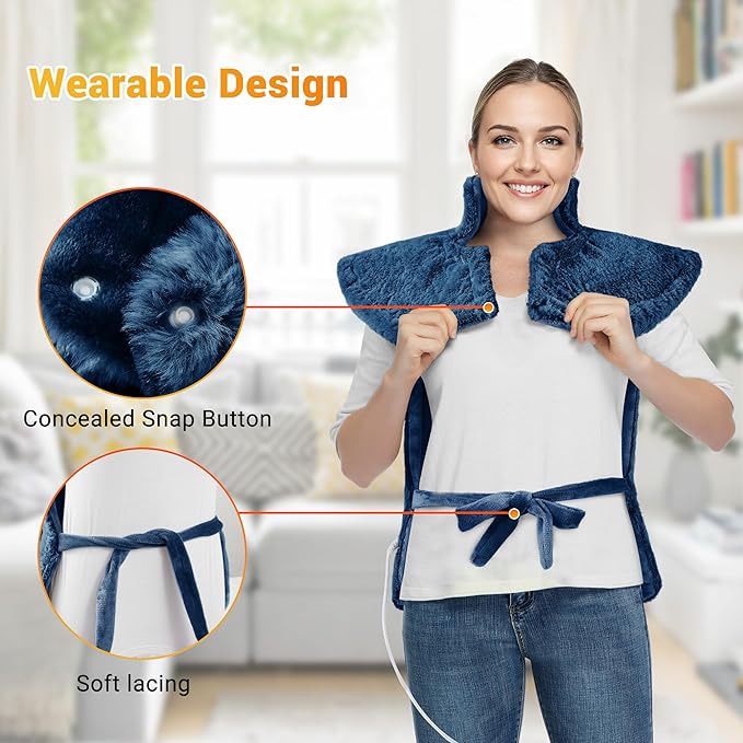 Massaging Heating Pad for Neck and Shoulders and Back, 24" x 35" Large Electric Heating Pad for Back Pain Relief with 3 Heat Levels, 4 Massage Settings, 2H Auto Shut-Off, 4 Massage Motors,Blue - Bloomnest
