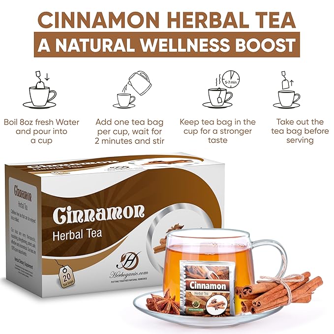 HERBOGANIC Cinnamon Herbal Tea - Digestion Support and Immune Boost | Refreshing and Delicious Blend | Natural Ingredients | 20 Tea Bags - Bloomnest