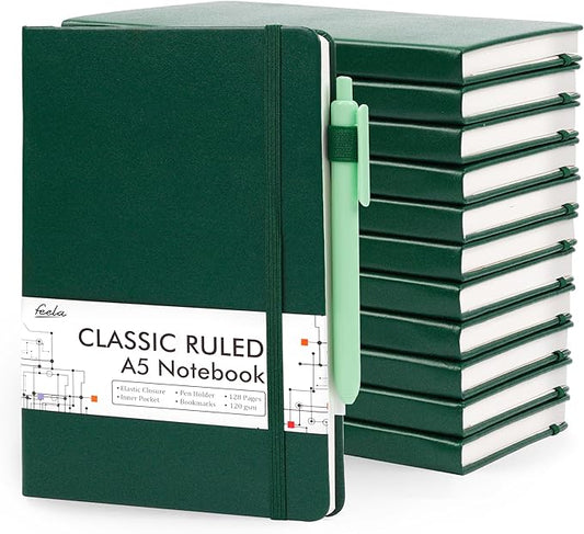 feela 12 Pack Notebooks Journals Bulk with 12 Black Pens, A5 Hardcover Notebook Classic Ruled Journal Set with Pen Holder for School Business Work Travel Writing, 120 GSM, 5.1”x8.3”, Dark Green - Bloomnest