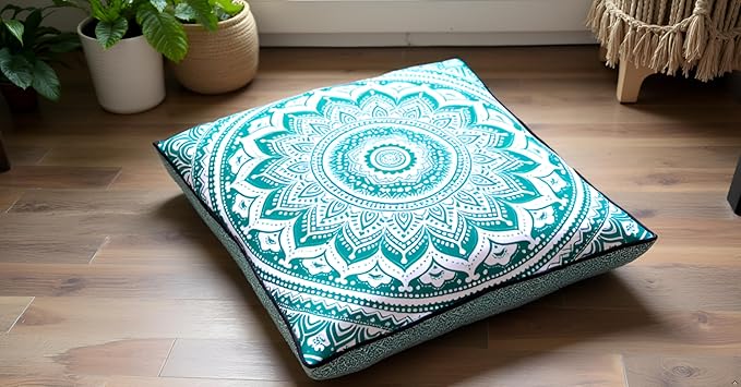 INDIAN CRAFT CASTLE ICC 24" Green Ombre Mandala Barmeri Large Floor Pillow Cover Cushion Meditation Seating Ottoman Throw Cover Hippie Decorative Zipped Bohemian Pouf Ottoman Pom Pom Cases 24" Square - Bloomnest