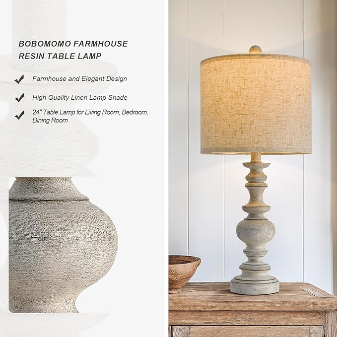 BOBOMOMO 24" Farmhouse Retro Table Lamp Set of 2, Traditional Resin Lamps for Living Room Bedroom, Vintage Bedroom Lamps with Linen Shades, Rustic Table Lamps for Living Room, Nursery, Office - Bloomnest