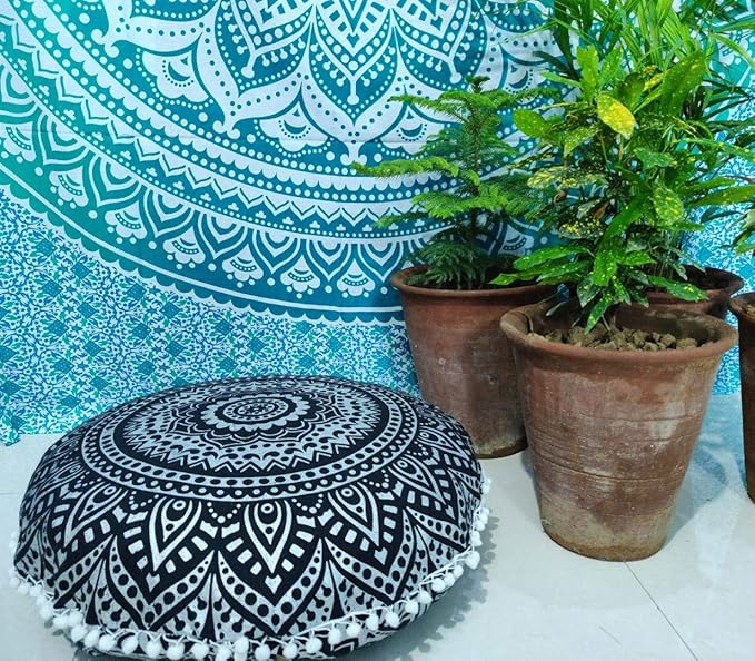 INDIAN CRAFT CASTLE 24" Black Silver Mandala Barmeri Large Floor Pillow Cover Cushion Meditation Seating Ottoman Throw Cover Hippie Decorative Zipped Bohemian Pouf Ottoman Pom Pom Cases 24" Round - Bloomnest