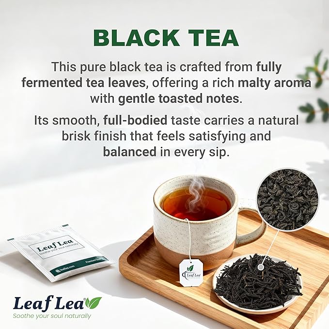 LeafLea 80 Black Tea Bags, Premium Black Tea Leaves, Rich Bright and Firmly Astringent, Promotes Digestive Comfort & Steady Alertness, Caffeinated, Sugar-Free, Vegan, Enjoy Hot or Iced - Bloomnest
