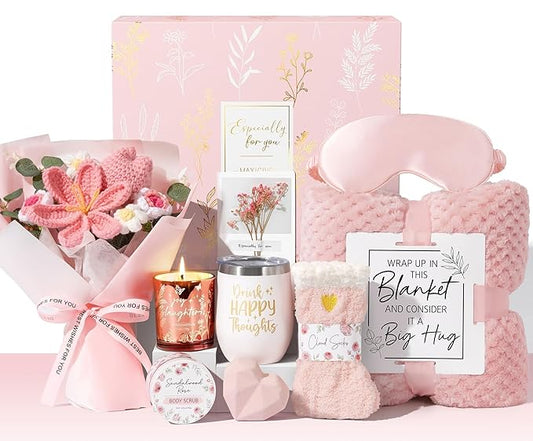 Valentine's Day Birthday Gifts for Women Self Care Package Get Well Soon Gift Baskets, Thinking of You Sympathy Spa Gift Set w/ Crochet Flower Bouquet, Unique Gifts for Women Her Wife Girlfriend Mom