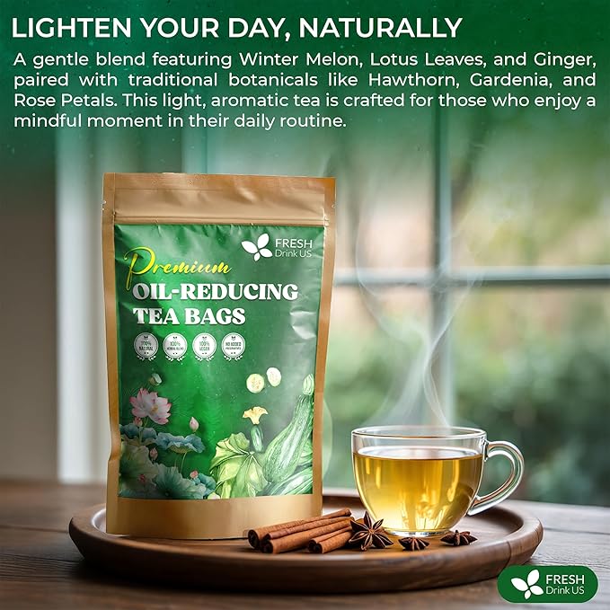 FreshDrinkUS, Oil-Reducing Herbal Tea – 10 Tea Bags | Blend of Winter Melon, Lotus Leaf, Ginger, Hawthorn, Gardenia Fruit, Rose, Cassia Seed & More | Naturally Caffeine-Free | Delicious Hot or Iced - Bloomnest