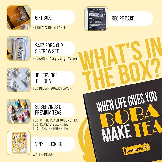 YUMBUCHA Instant Boba Making Kit - A Complete Set for Boba Tea Lovers - 30 Drinks, Reusable Cup & Straw, Tapioca Pearls, and Loose Leaf Teabags - White Peach Oolong, Jasmine Green, Classic Black - Bloomnest