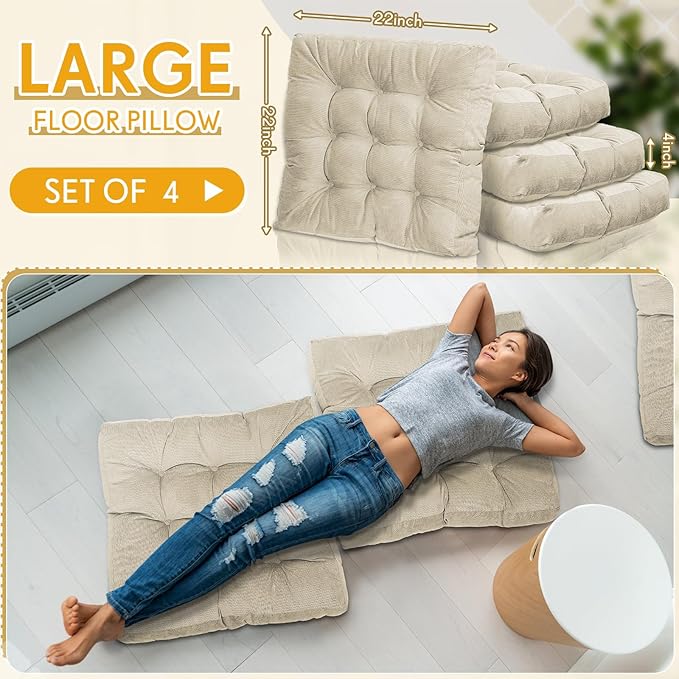 Jerify Floor Pillow Cushions 22 x 22 Inch Round Square Large Meditation Floor Pillow for Classroom Adult Meditation Picnic Party Cushion for Seating Gift Christmas(Square,Beige,4 Pcs) - Bloomnest