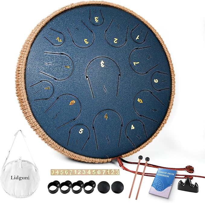 Steel Tongue Drum - 14 Inch 15 Note Tongue Drum - Hand Pan Drum with Music Book, Handpan Mallets and Carry Bag, C Major, Navy Blue - Bloomnest