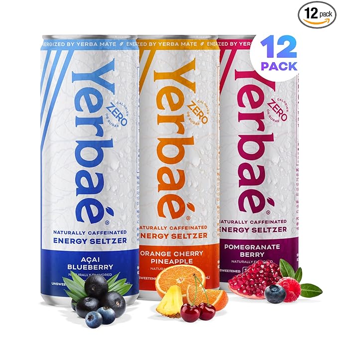 Yerbaé Energy Seltzer - Variety Performance Pack. No Sugar/Calories/Carbs. Energized by Yerba Mate Naturally Caffeinated Plant-Based, Healthy Alternative to Coffee/Sugary Sodas, Pack of 12, 12oz cans - Bloomnest
