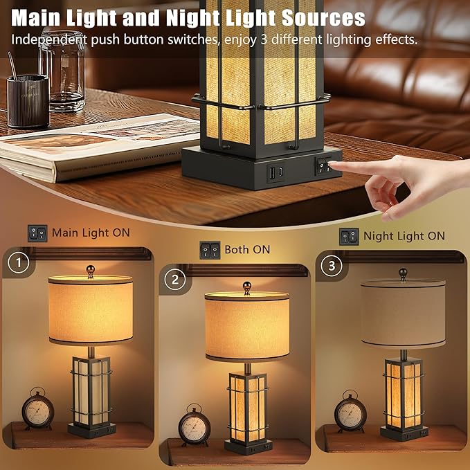 Black Table Lamps Set of 2, 24" Farmhouse Lamps for Living Room with USB C+A Ports, Industrial Retro Lamps for Bedroom, Nightstand Light Fixture, 2 Bulbs Included - Bloomnest