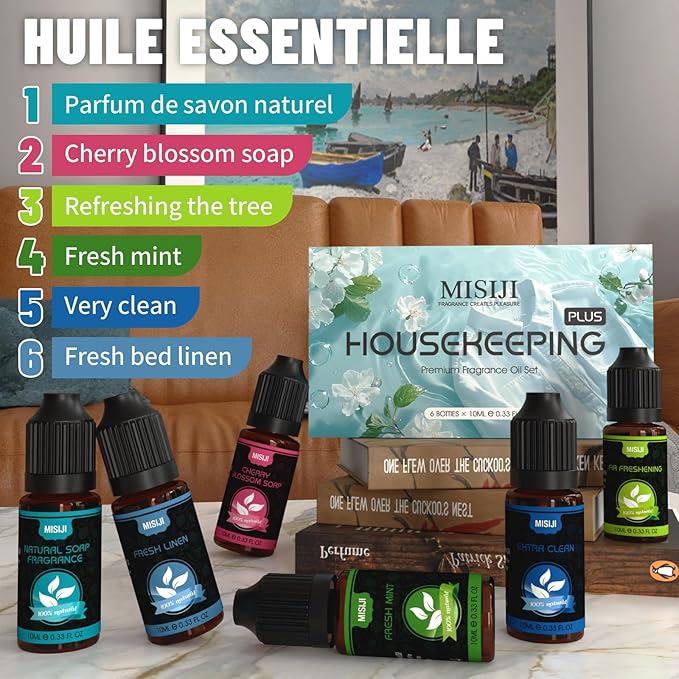 Housekeeping Essential Oils Set for Diffuser,Pure Aromatherapy Oil for Diffuser,Candle Making,Natural Soap Scent,Cherry Blossom Soap,Fresh Mint,Fresh Linen,Air Freshener,Extra Clean - Bloomnest