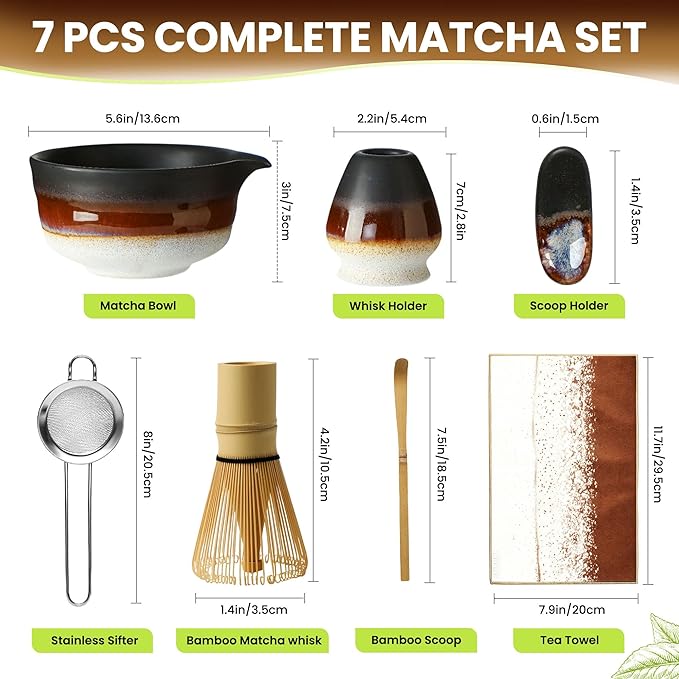 Matcha Whisk Set, Ceramic Matcha Set Desert Series, Matcha Bowl, Matcha Whisk and Holder, Bamboo Scoop, Scoop Rest, Sifter and Tea Towel 7 Pcs Matcha Kit for Birthday Christmas Gift (Matte Black) - Bloomnest