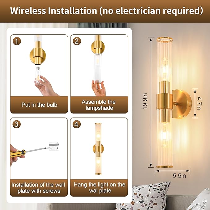 Gold Battery Operated Wall Sconces Set of Two, Rechargeable Wall Sconce with Dimmable Remote Control, 20 Inch Wireless Sconce Wall Light for Bedroom, Living Room (Bulbs Included) - Bloomnest