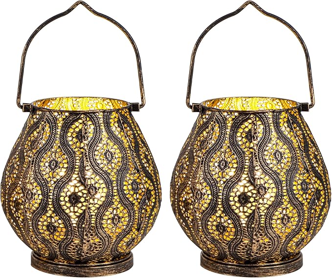 TRIROCKS Set of 2 Moroccan Decorative Lamps 8'' High Cordless Lamp Metal Table Lamps with Fairy Lights Bulb for Home Living Room Garden Yard Party Events Tabletop Indoor Outdoor(Black) - Bloomnest