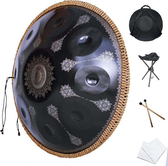 Handpan-Classic 10 Notes Black Print Hand Pan,Premium 432HZ 22 Inches D Minor Steel Handpan Drum Set,Adult's Music Steel Pan Instrument - Bloomnest
