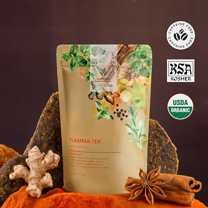 Gardenika Organic Flamma-tea Loose Leaf Tea | Premium Turmeric Ginger Blend with Cinnamon, Peppermint & Black Pepper | 100% Natural, Caffeine Free Herbal Wellness Tea | 4oz (113g) - Bloomnest