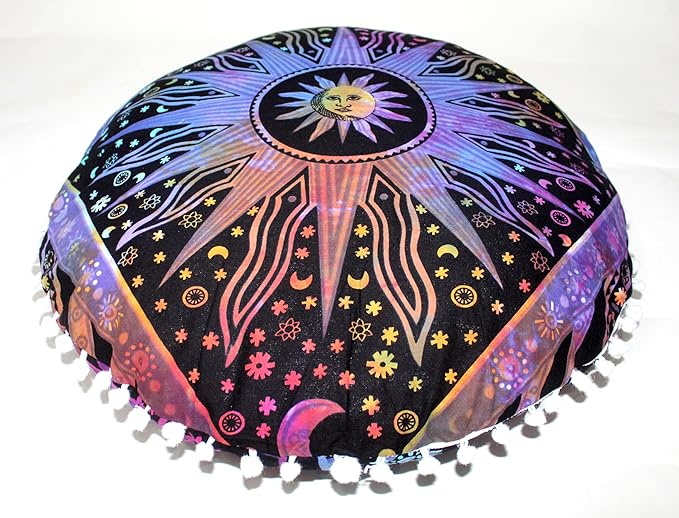 CRAFT KALA Large Round Bohemian Floor Pillow Pouf Cover Mandala Meditation Room Pillow Cover for Adults Boho Seating Poufs Cushion Cover for Kids Playroom 32" Round Multi Purple Burning Sun - Bloomnest