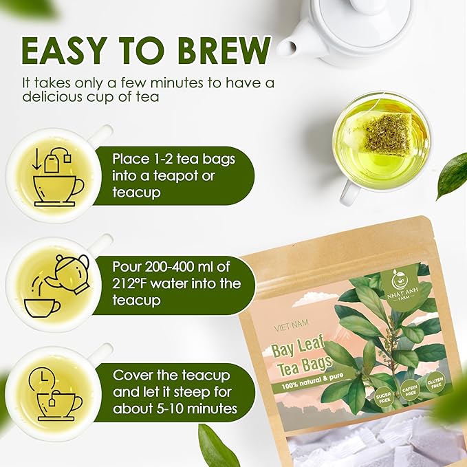 NHAT ANH FARM - Premium Bay Leaf Tea Bags, 40 Tea Bags, 100% Natural Dried Bay Leaf, Naturally Sweet Herbal Tea, Sugar-Free, Caffeine-Free, No Additives. - Bloomnest