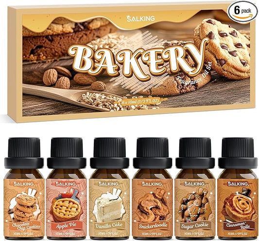 SALKING Bakery Fragrance Oils, Premium Essential Oil for Diffuser, Scented Oil Set for Soap Candle Making - Chocolate Chip Cookies, Apple Pie, Cinnamon Rolls, Vanilla Cake, Snickerdoodle, Sugar Cookie - Bloomnest